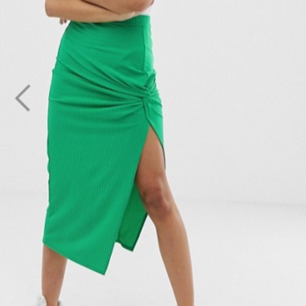ASOS DESIGN knot front rib midi skirt in green